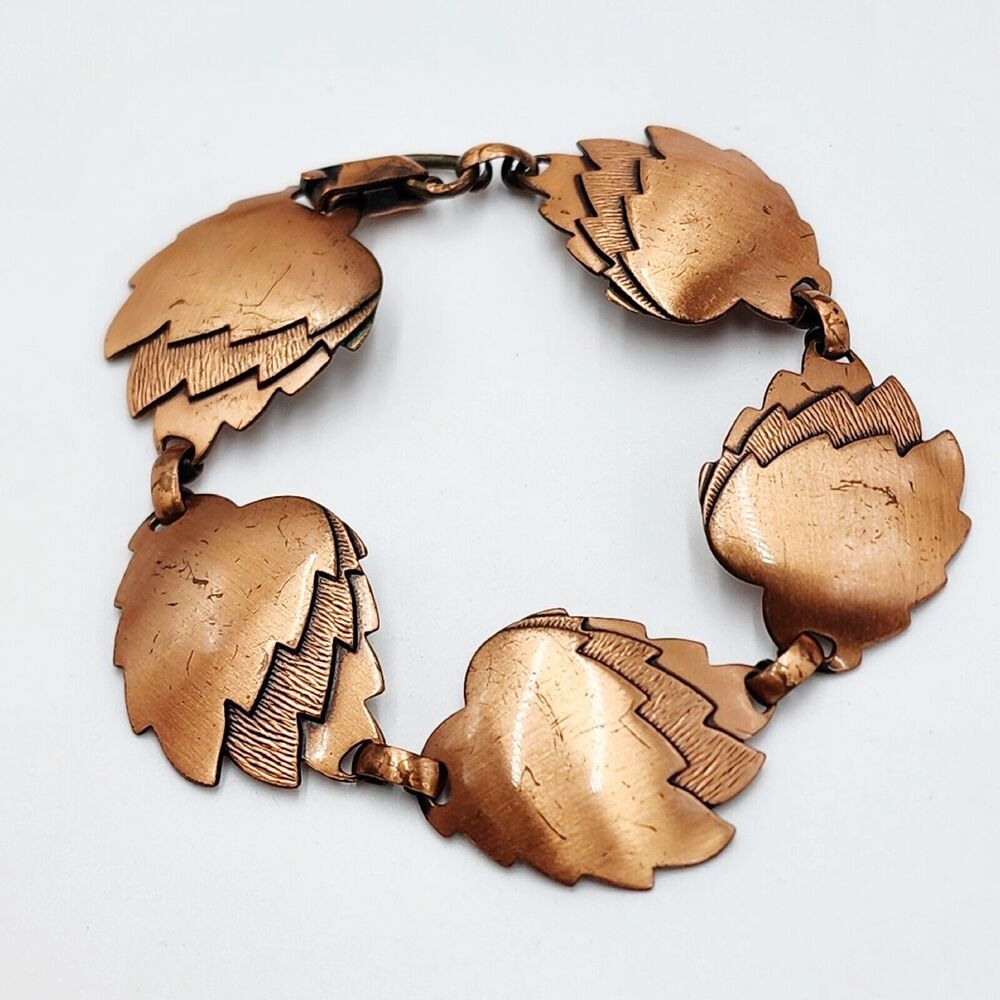Vintage 7.5" Genuine Copper Mid Century Triple Leaf Clip Bracelet Southwestern